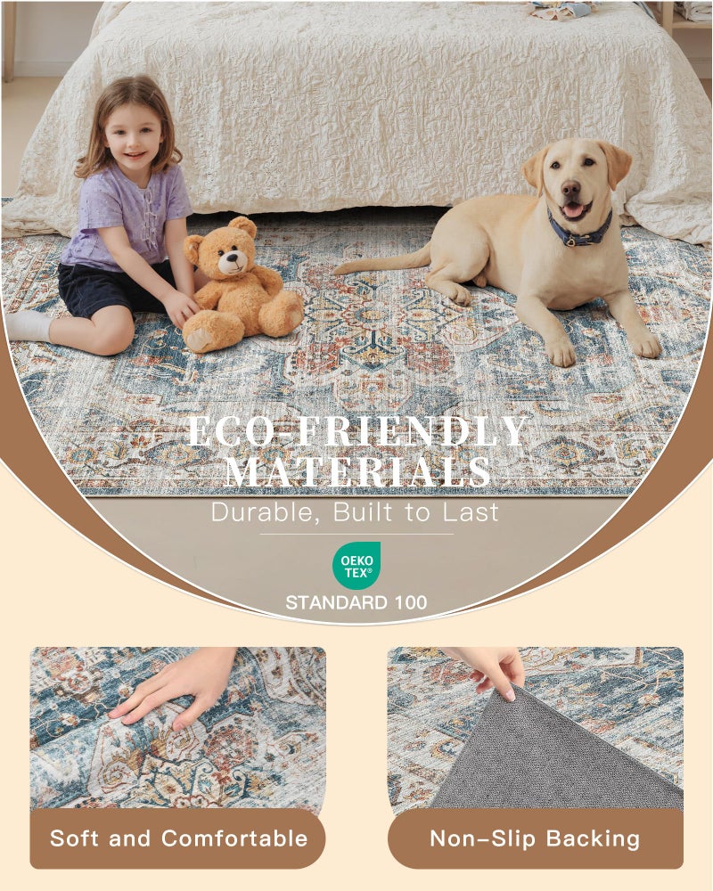Madane Runner Rug 2'6''x8' Kitchen Runner, Hallway Runner Printed Vintage Washable Rugs Soft Non-Slip Low Pile Runners for Hallways Laundry Room Distressed Floor Carpet, Navy - Image 5