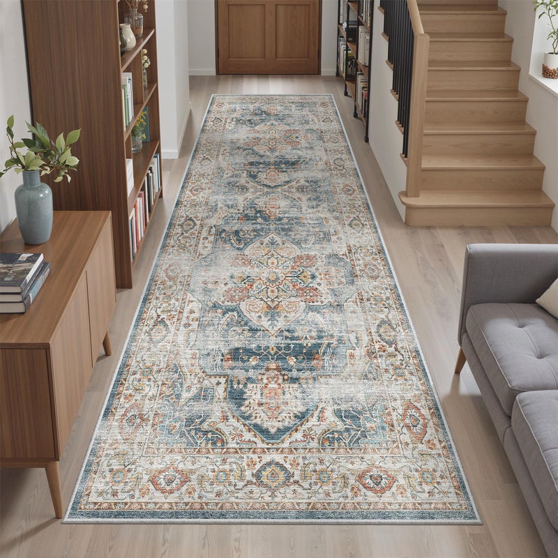 Madane Runner Rug 2'6''x8' Kitchen Runner, Hallway Runner Printed Vintage Washable Rugs Soft Non-Slip Low Pile Runners for Hallways Laundry Room Distressed Floor Carpet, Navy - Image 1