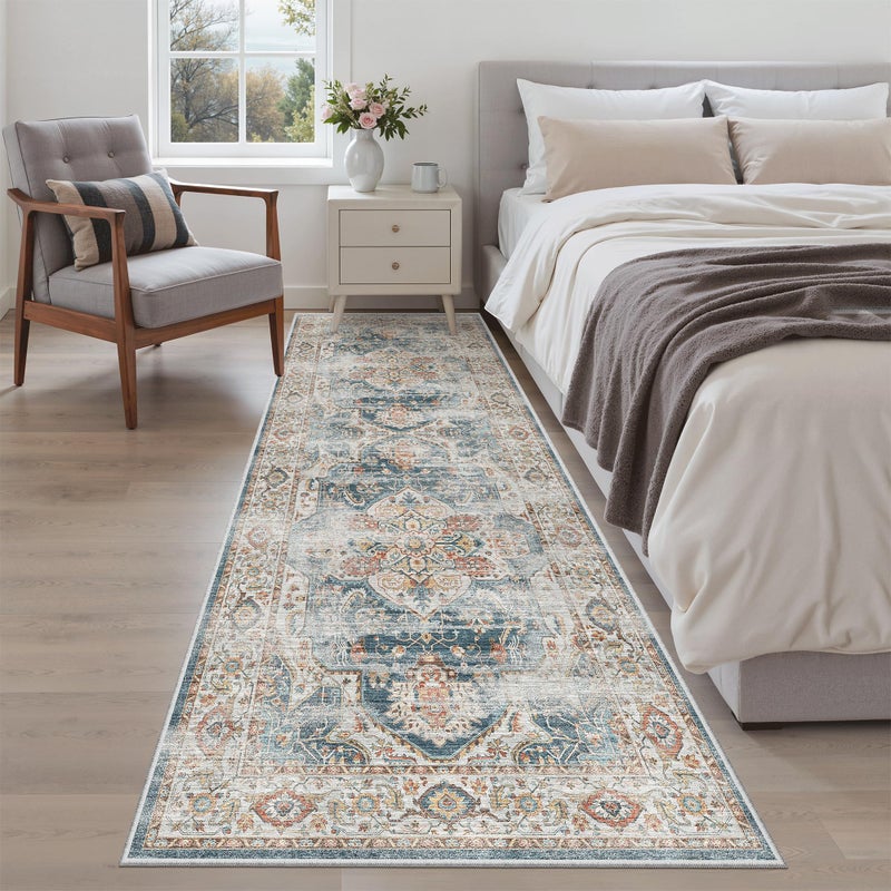 Madane Runner Rug 2'6''x8' Kitchen Runner, Hallway Runner Printed Vintage Washable Rugs Soft Non-Slip Low Pile Runners for Hallways Laundry Room Distressed Floor Carpet, Navy - Image 4