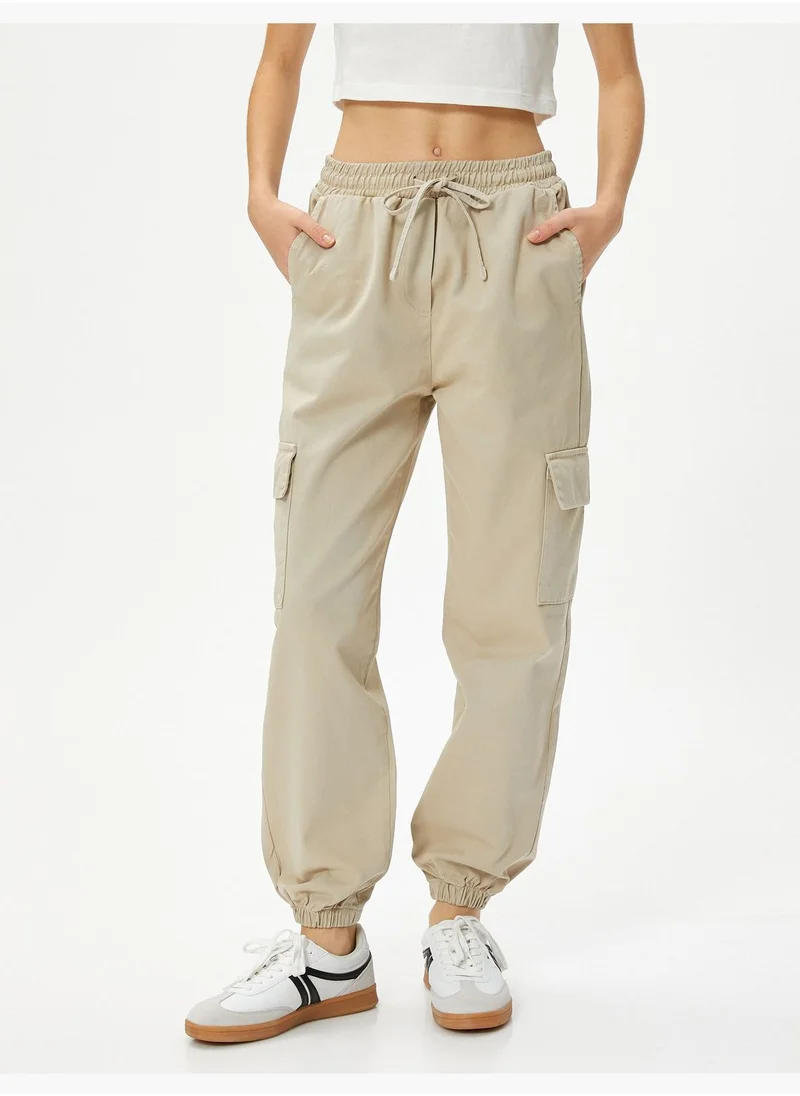 KOTON Cargo Jogger Trousers Relax Cut Drawstring Elastic Waistband Pockets Cotton