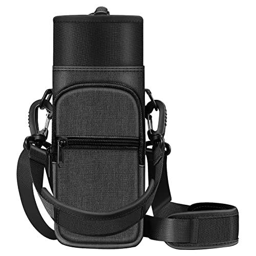 CaseBot Water Bottle Carrier Bag Sling Case, Sports Water Bottle Pouch Holder Sleeve with Adjustable Shoulder Hand Strap and 2 Pockets for Men Women Hiking Camping Travelling, Black - Image 1