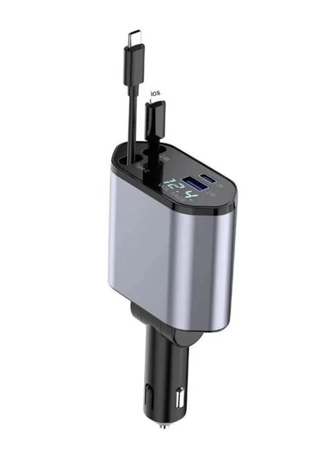 4-in-1 Retractable Car Charger with USB Type-C Lightning-Digital Display Cigarette Lighter Car Charger Adapter Supports PD Fast Charging/QC3.0/FCP-Compatible with iPhone Huawei Honor Galaxy Pixel