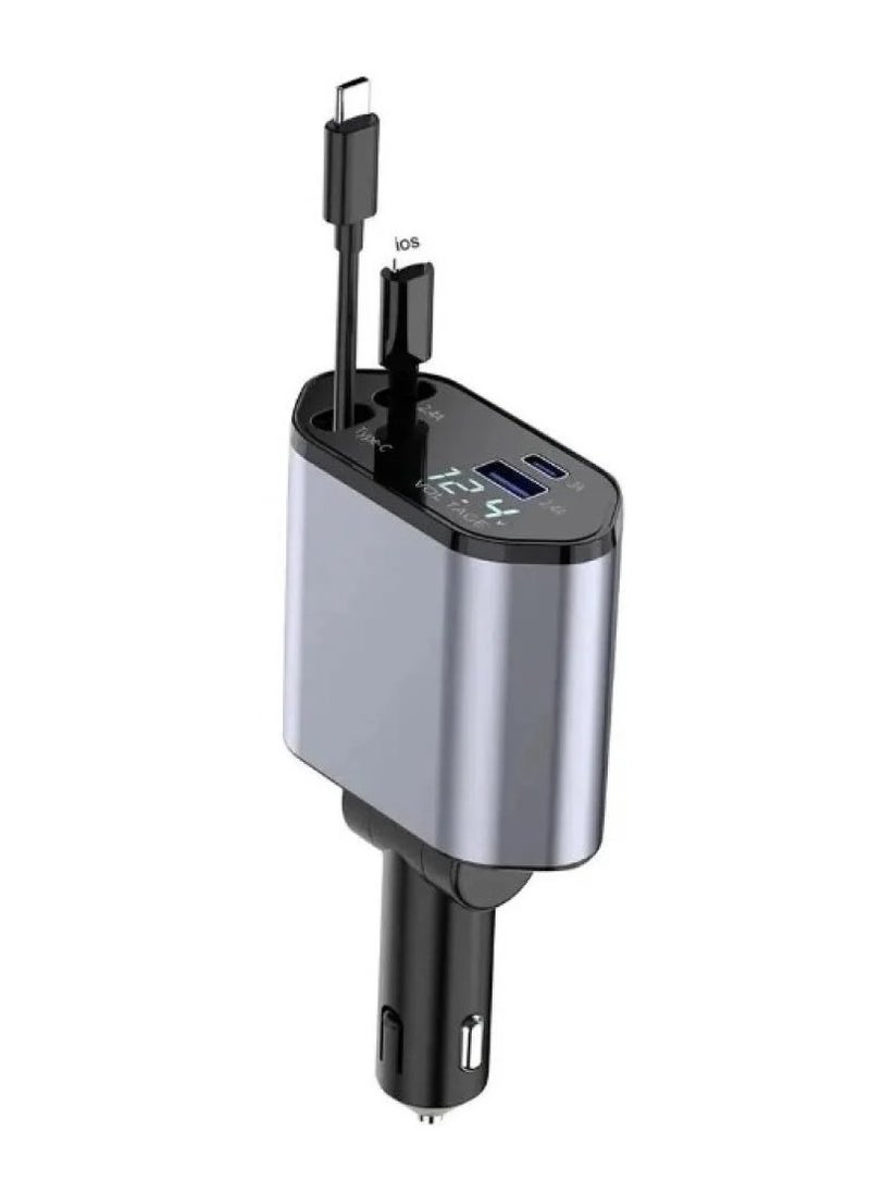Denx 4-in-1 Retractable Car Charger with USB Type-C Lightning-Digital Display Cigarette Lighter Car Charger Adapter Supports PD Fast Charging/QC3.0/FCP-Compatible with iPhone Huawei Honor Galaxy Pixel  - Image 1