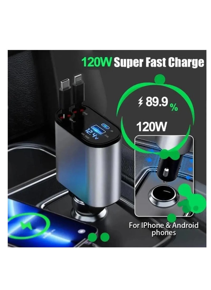 Denx 4-in-1 Retractable Car Charger with USB Type-C Lightning-Digital Display Cigarette Lighter Car Charger Adapter Supports PD Fast Charging/QC3.0/FCP-Compatible with iPhone Huawei Honor Galaxy Pixel  - Image 3
