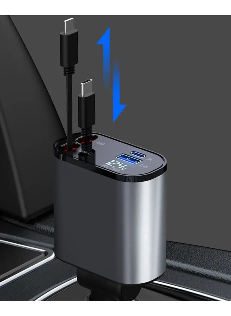 Denx 4-in-1 Retractable Car Charger with USB Type-C Lightning-Digital Display Cigarette Lighter Car Charger Adapter Supports PD Fast Charging/QC3.0/FCP-Compatible with iPhone Huawei Honor Galaxy Pixel  - Image 4