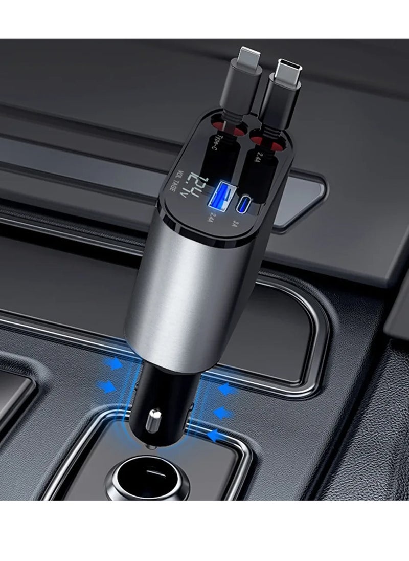 4-in-1 Retractable Car Charger with USB Type-C Lightning-Digital Display Cigarette Lighter Car Charger Adapter Supports PD Fast Charging/QC3.0/FCP-Compatible with iPhone Huawei Honor Galaxy Pixel