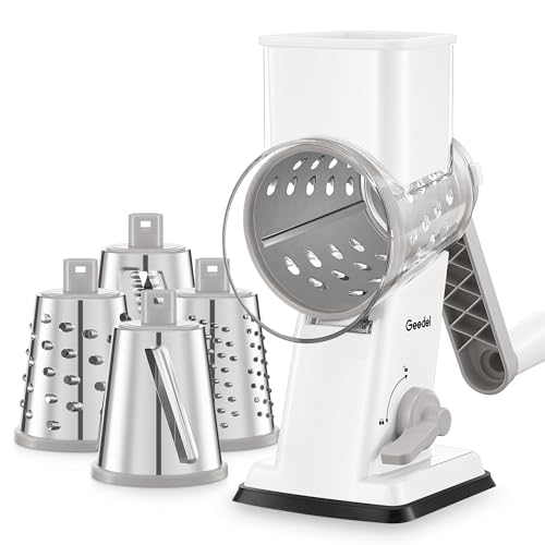Geedel Rotary Cheese Grater Upgraded Vegetable Shredder with 4 Interchangeable Blades Easy to Clean Cheese Shredder with Handle Kitchen Grater Nuts Grinder for Cutting Cheese Vegetable Nuts - Image 1