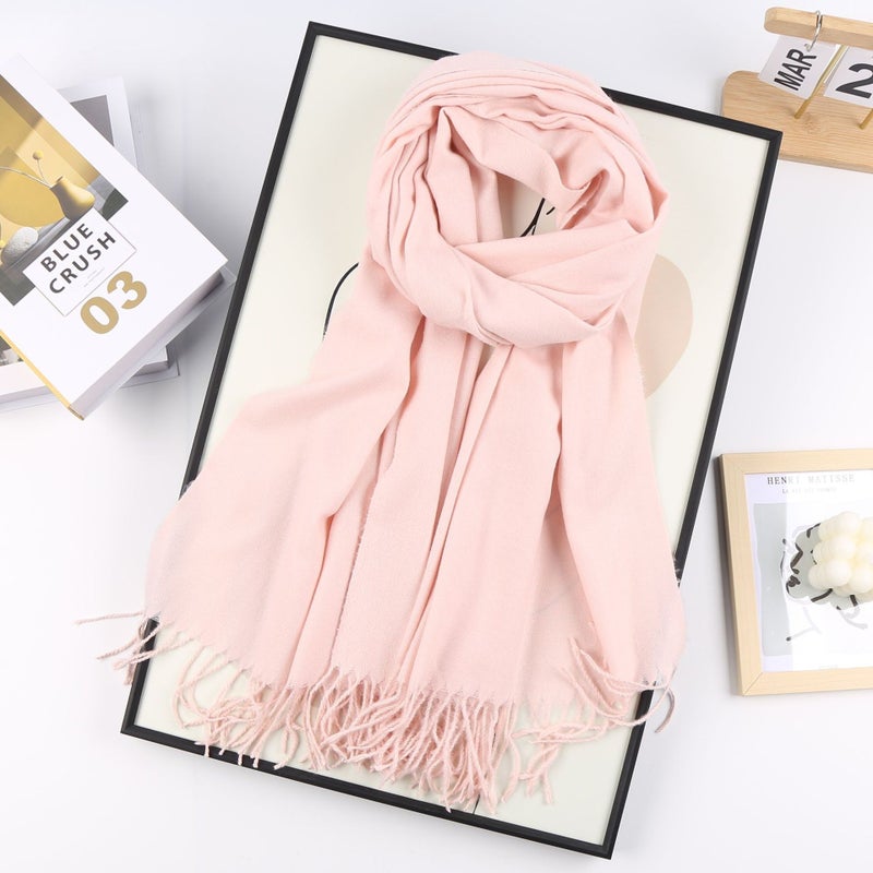 New Year Red Solid Cashmere-like Warm Scarf with Tassels 9#baby powder 