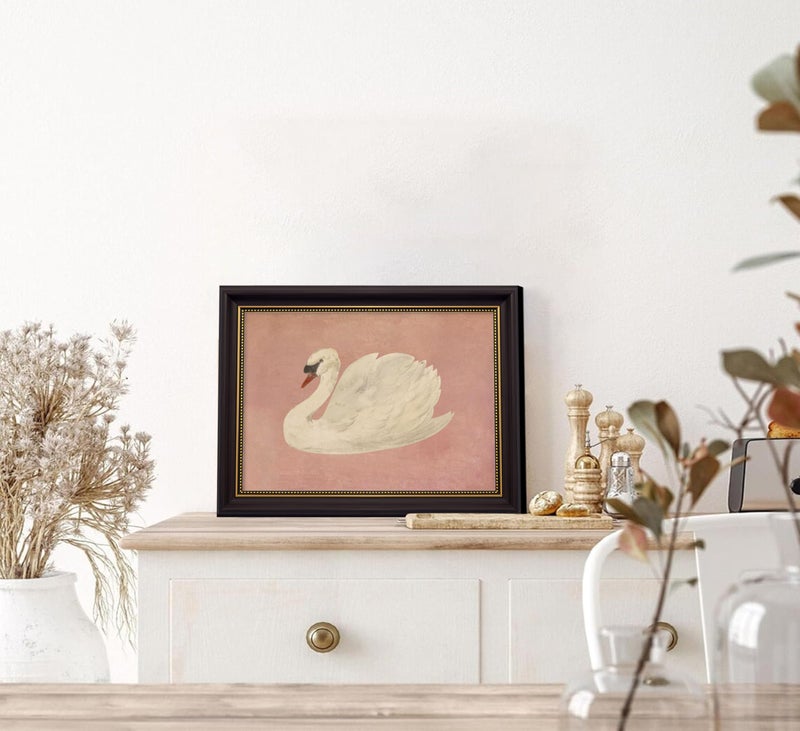 LRTNMTJ Framed Vintage White Swan Canvas Wall Art Grace Pink Swan Painting Picture Wall Decor Eclectic Pink Kitsch Classical Animal Poster Print Artwork for Living Room Bathroom Bedroom Study Home Decoration - Image 4