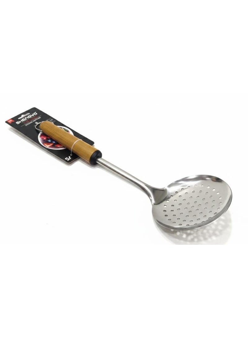 Shengya Stainless Steel Slotted Skimmer with Wooden Handle – Professional-Grade Frying & Draining Tool (33 cm) - Image 1