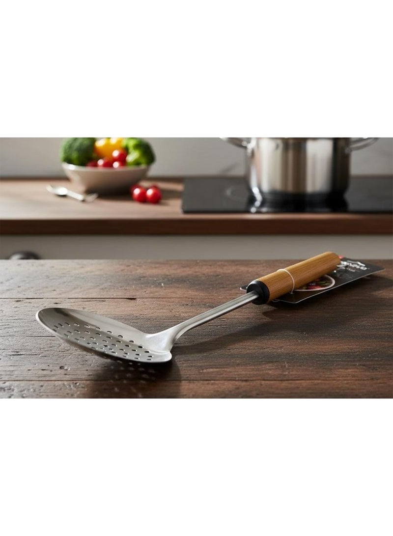Shengya Stainless Steel Slotted Skimmer with Wooden Handle – Professional-Grade Frying & Draining Tool (33 cm) - Image 2