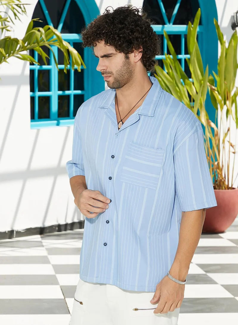 كامبوس سوترا Men's Powder Blue Unbalanced-Ridge Oversized Shirt