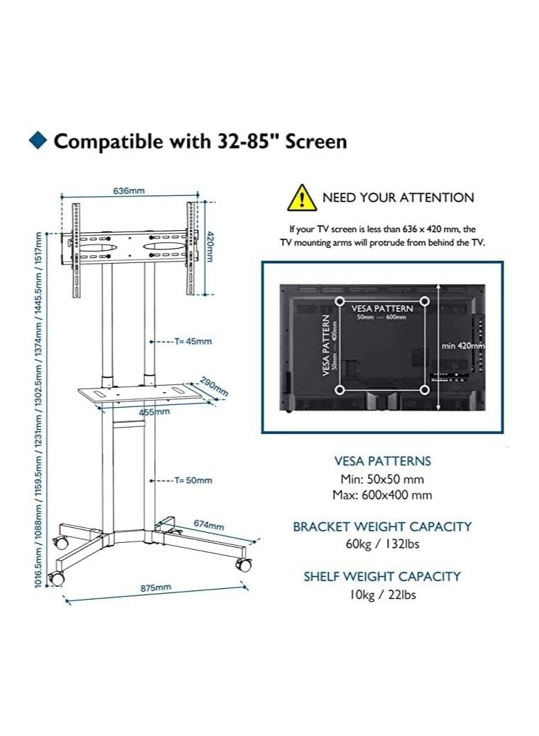 حامل تلفاز متحرك لحجم 32-65 إنش بلازما/LCD/LED عرض منزلي عربة تلفاز متدحرجة على الأرض VESA 200x200 إلى 600x400 عربة تلفاز على عجلات مع رف سعة تحميل قصوى 50 كجم - Image 3