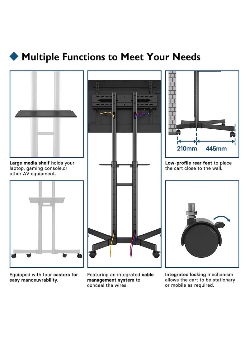 حامل تلفاز متحرك لحجم 32-65 إنش بلازما/LCD/LED عرض منزلي عربة تلفاز متدحرجة على الأرض VESA 200x200 إلى 600x400 عربة تلفاز على عجلات مع رف سعة تحميل قصوى 50 كجم - Image 2