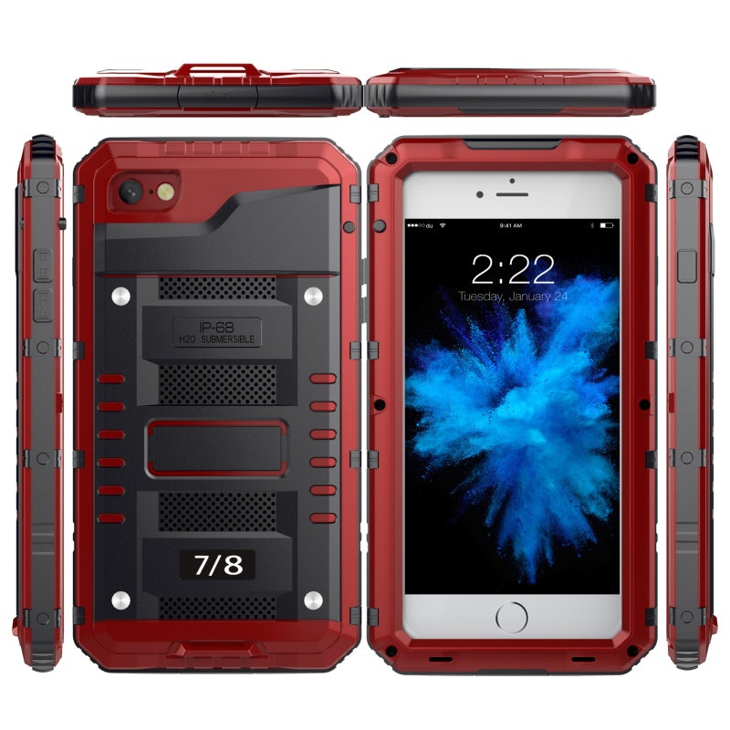 HuHa Case Cover For iPhone SE 2022 / SE 2020 / 8 / 7 Metal + Silicone Phone Case with Screen Protector(Red) - Image 2