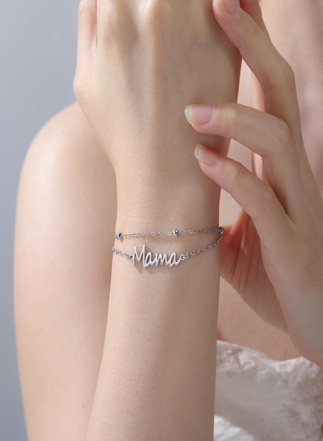 TEAMER Dainty Mama Bracelet Stainless Steel Adjustable Double Layer Beads Chain Mama Bracelet For Mother's Day New Mom (Silver) - Image 2