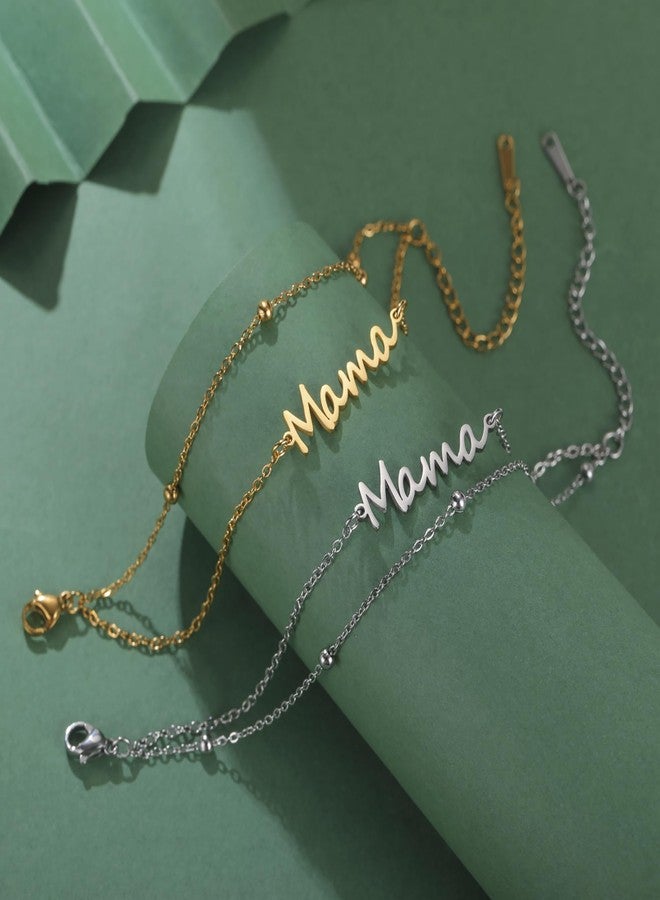 TEAMER Dainty Mama Bracelet Stainless Steel Adjustable Double Layer Beads Chain Mama Bracelet For Mother's Day New Mom (Silver) - Image 4