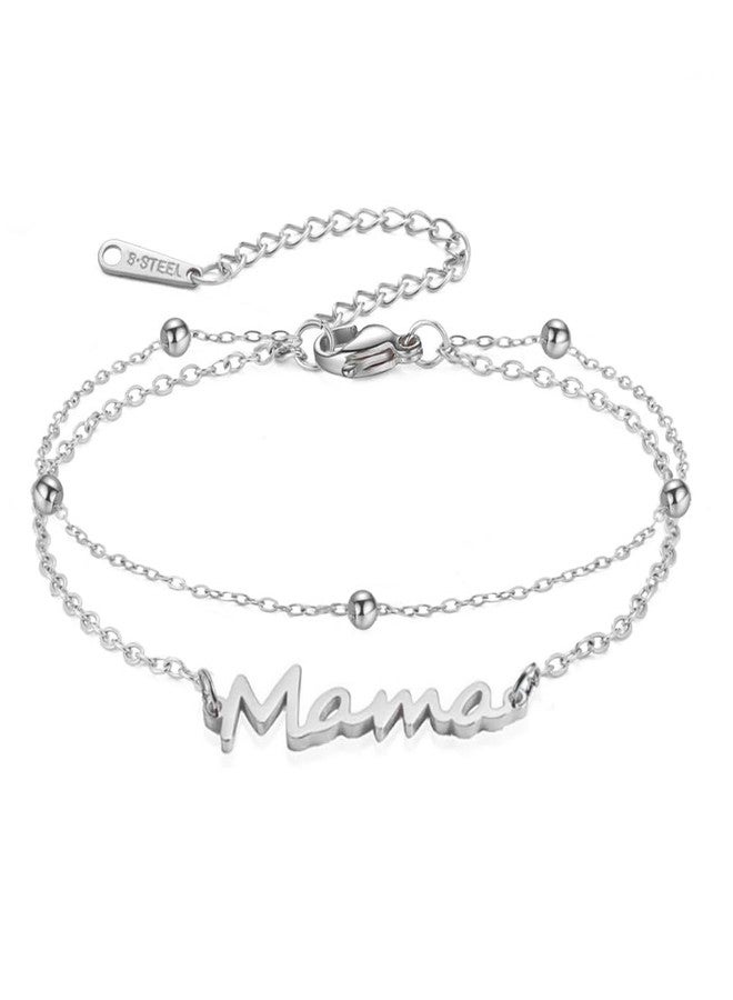 TEAMER Dainty Mama Bracelet Stainless Steel Adjustable Double Layer Beads Chain Mama Bracelet For Mother's Day New Mom (Silver) - Image 1