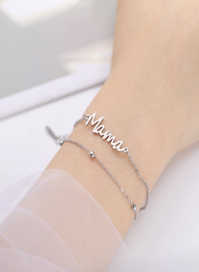 TEAMER Dainty Mama Bracelet Stainless Steel Adjustable Double Layer Beads Chain Mama Bracelet For Mother's Day New Mom (Silver) - Image 3