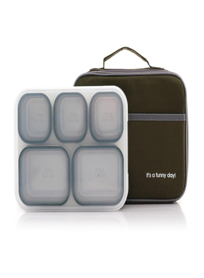 N2K2 ENTERPRISE Stainless Steel Bento Snacks Box with Bag 5 Compartments Sealed Leakage Proof Portable Lunch Box for Kids, Office, and School Use (Green) - Image 1
