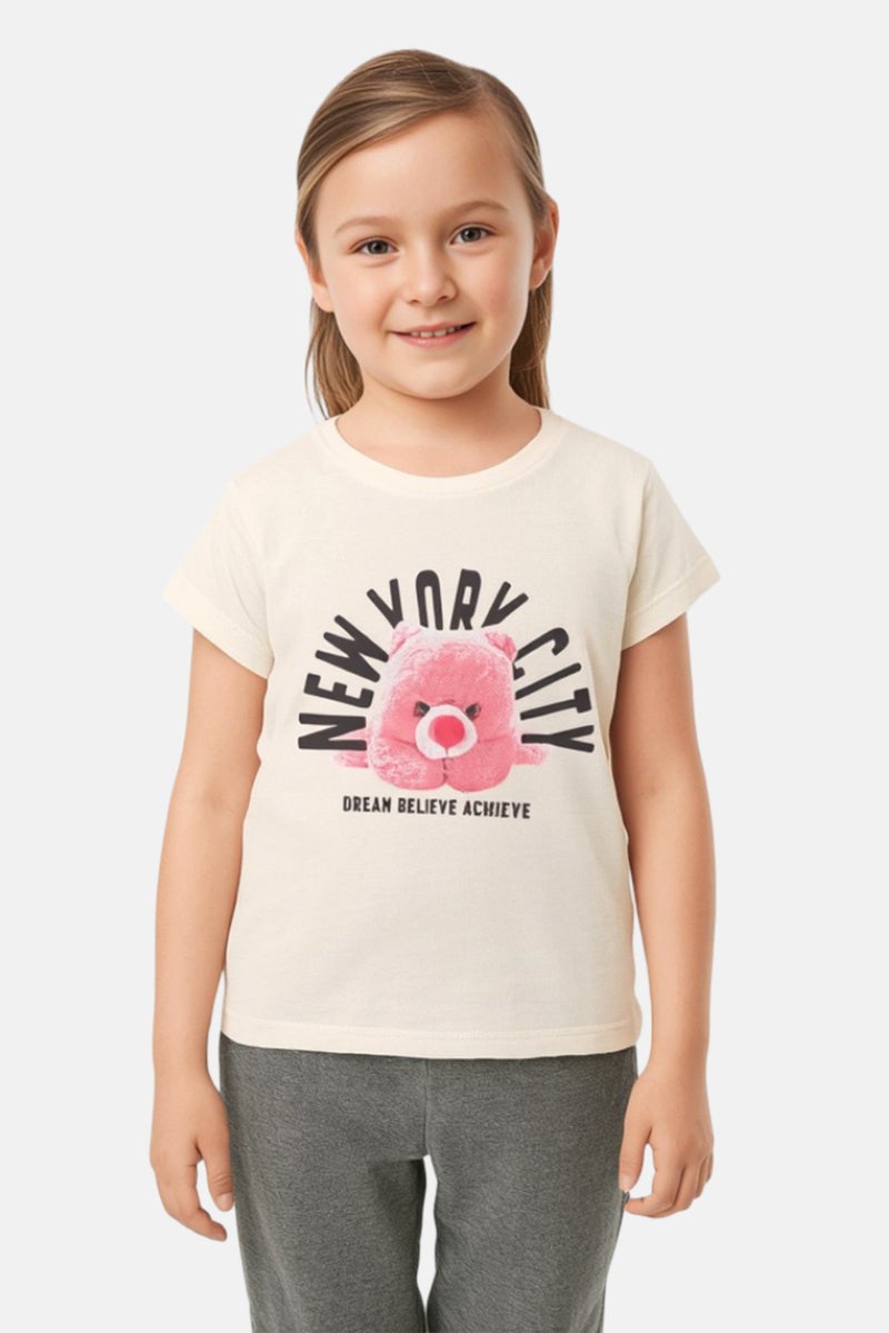 NAME IT Kids Girl Crew Neck Short Sleeve Graphic Print T-Shirt, Beige - Image 1