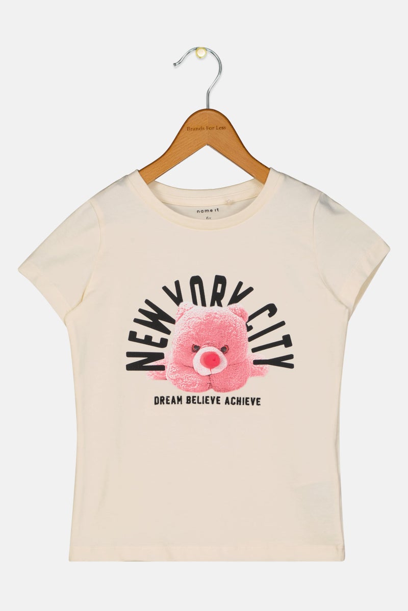 NAME IT Kids Girl Crew Neck Short Sleeve Graphic Print T-Shirt, Beige - Image 2