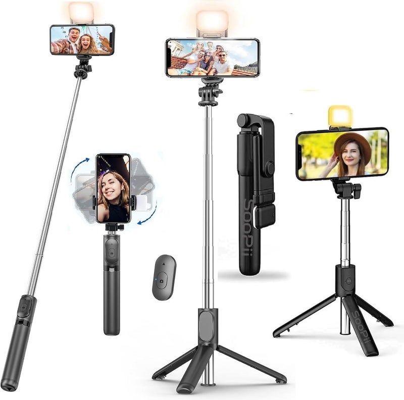Soopii S1 Selfie Light Stick with Tripod Stand, 3 in 1 Multifunctional Design, Rechargable LED Light with Two Brighness Levels for Make up, Selfie, Vlogging & Photo Shoot, Selfie Stick with Bluetooth Remote - Image 1