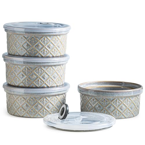 MISSYSSIM Large Ceramic Mixing Bowls with Lids Set of 4, 40 oz Salad Bowls for Kitchen Food Storage, Airtight Serving Bowls for Meal Prep, Cereal, Leftovers, Office Lunch, and Camping, Grey - Image 1