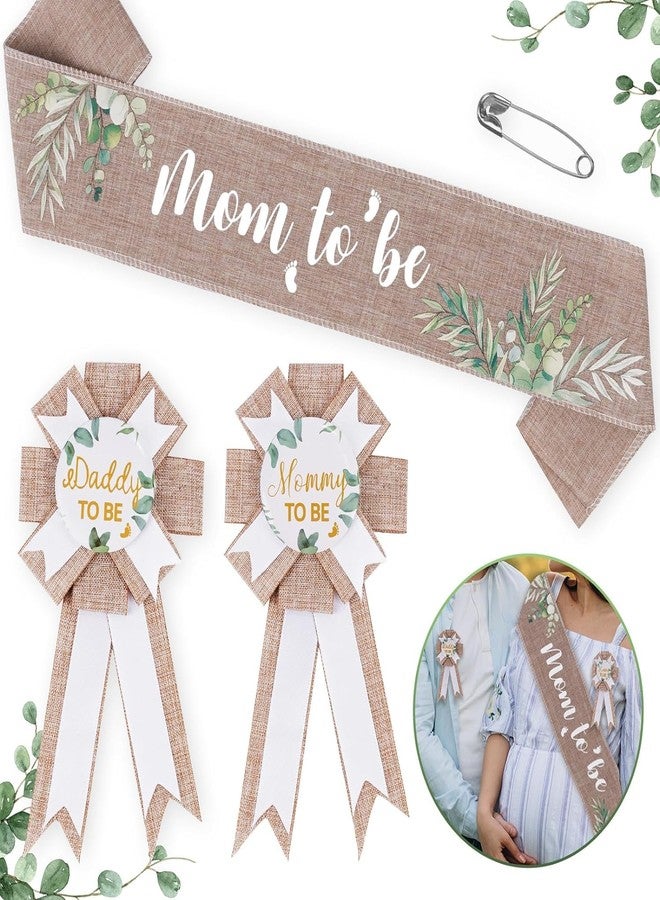 Mecholey Neutral Burlap Mom to Be Sash Dad to Be Pin Baby Shower Decorations, Sage Green Mommy to Be Sash Baby Shower Pin Set for Gender Reveals Party Decorations for Pregnant Keepsake Gifts - Image 1