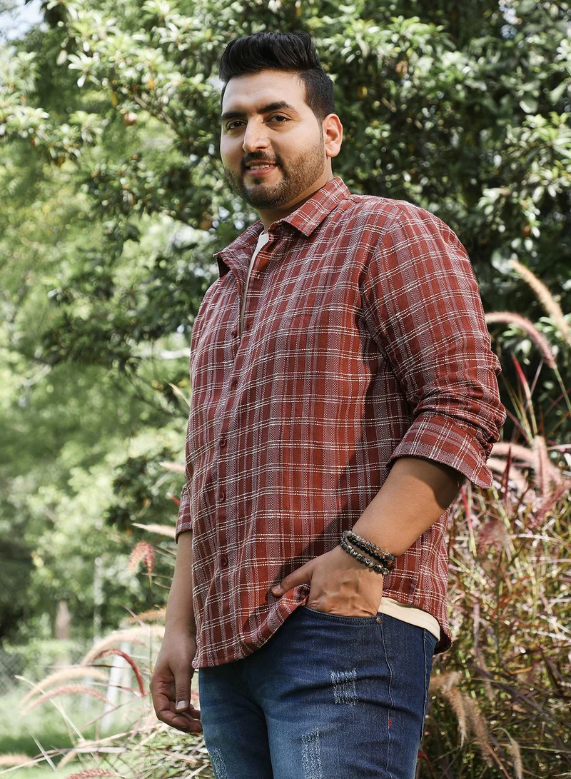 Instafab Plus Instafab Plus Men's Russet Brown Woven Static-Plaid Shirt For Casual Wear | Spread Collar | Long Cuffed Sleeves | Button Closure | Plus Size Shirt Crafted With Comfort Fit For Everyday Wear
