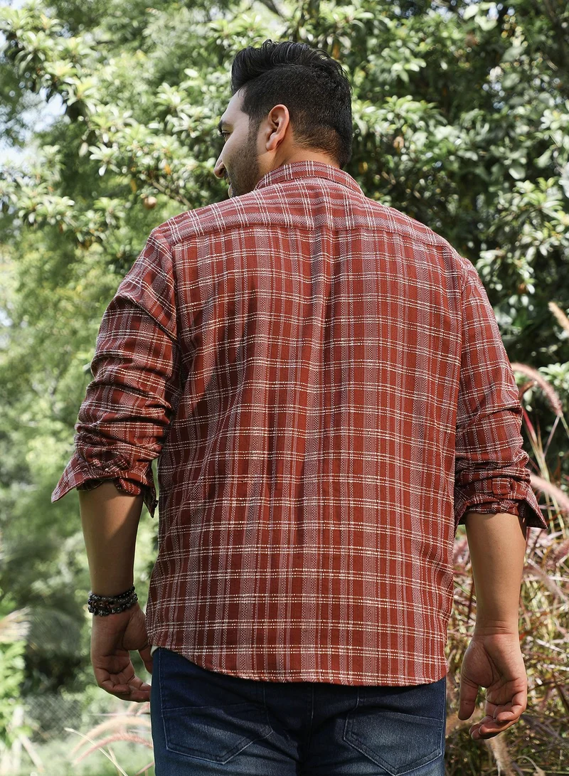 Instafab Plus Instafab Plus Men's Russet Brown Woven Static-Plaid Shirt For Casual Wear | Spread Collar | Long Cuffed Sleeves | Button Closure | Plus Size Shirt Crafted With Comfort Fit For Everyday Wear
