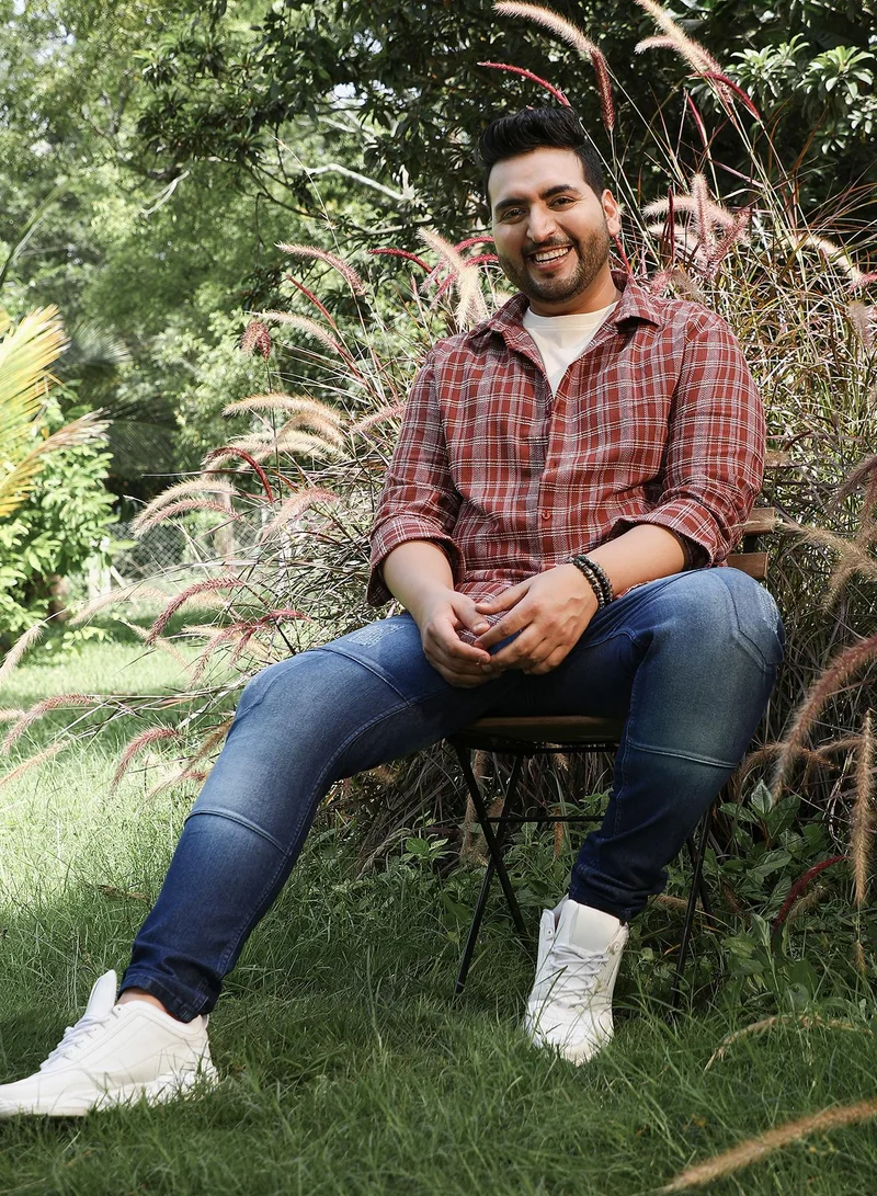Instafab Plus Instafab Plus Men's Russet Brown Woven Static-Plaid Shirt For Casual Wear | Spread Collar | Long Cuffed Sleeves | Button Closure | Plus Size Shirt Crafted With Comfort Fit For Everyday Wear