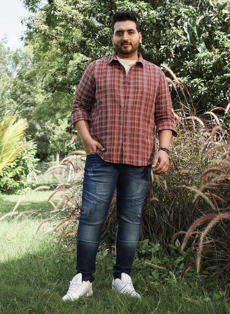 Instafab Plus Instafab Plus Men's Russet Brown Woven Static-Plaid Shirt For Casual Wear | Spread Collar | Long Cuffed Sleeves | Button Closure | Plus Size Shirt Crafted With Comfort Fit For Everyday Wear