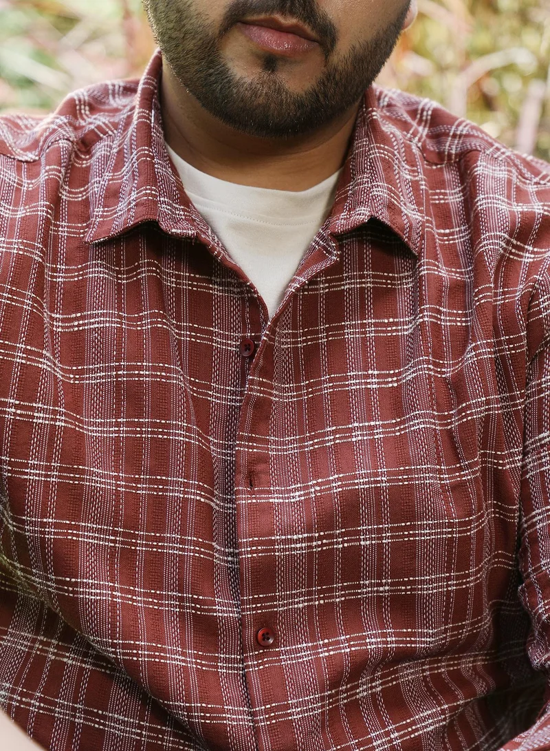 Instafab Plus Instafab Plus Men's Russet Brown Woven Static-Plaid Shirt For Casual Wear | Spread Collar | Long Cuffed Sleeves | Button Closure | Plus Size Shirt Crafted With Comfort Fit For Everyday Wear