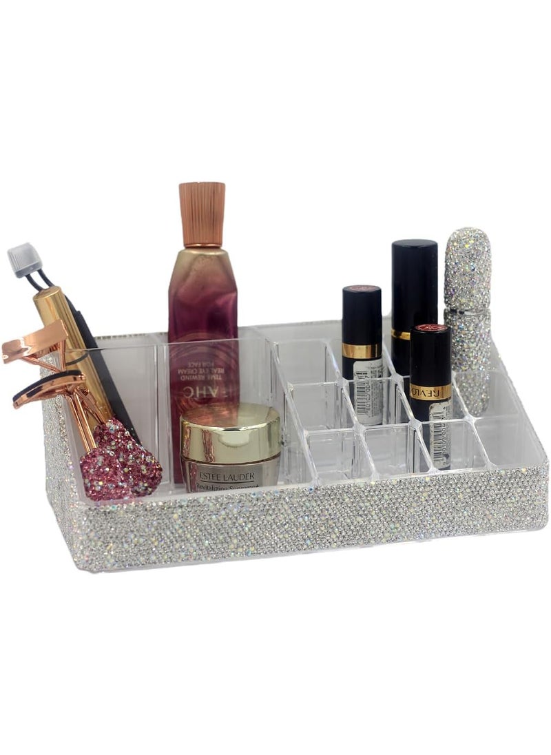 Bestbling - Bling Rhinestone Luxury Multi-Functional Acrylic Transparent Makeup Organizers Display Rack -Large Capacity Cosmetic Organizer, Storage, Box & Desktop Lipstick Holder (Silver) - Image 1