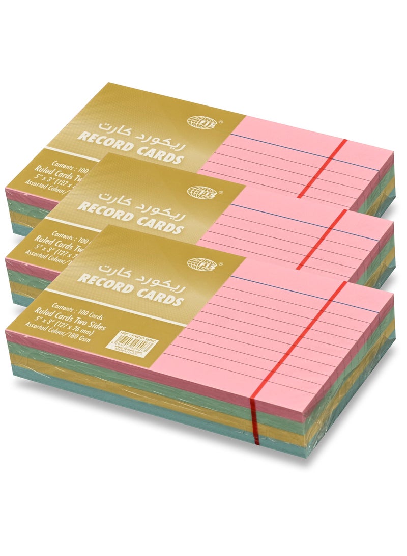 FIS بطاقات تسجيل FIS® ذات خطوط أو بطاقات فهرسة، الحجم: 5"x3" بوصات (127x76 مم)، جانبين بخط واحد، 180 جرام/متر مربع، 100 ورقة لكل عبوة، 4 ألوان متنوعة، عبوة من 3 قطع -FSIC53-1804C-3 - Image 1
