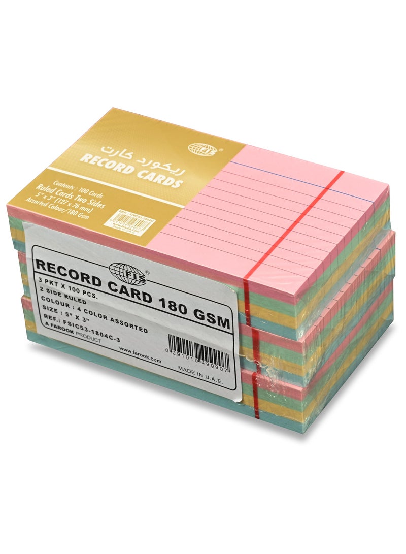 FIS بطاقات تسجيل FIS® ذات خطوط أو بطاقات فهرسة، الحجم: 5"x3" بوصات (127x76 مم)، جانبين بخط واحد، 180 جرام/متر مربع، 100 ورقة لكل عبوة، 4 ألوان متنوعة، عبوة من 3 قطع -FSIC53-1804C-3 - Image 3