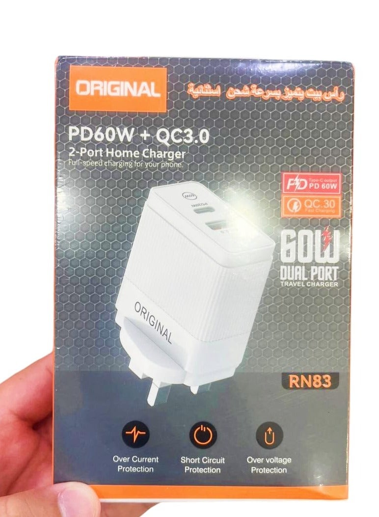 شاحن منزلي قوي عالي الطاقة PD60W+QC3.0 بمنفذين