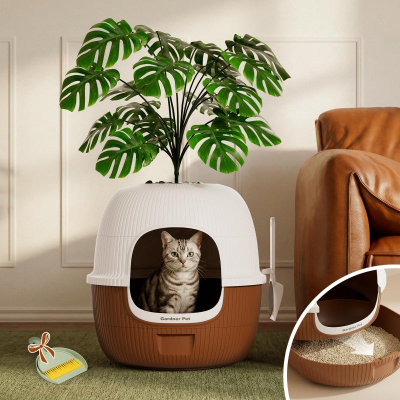 Gardner Pet Hidden Cat Litter Box with Faux Plant & Scoop, Drawer Decorative Litter Box Enclosure with Odor Controlled Carbon Filter, Effortless Refilling, Scooping & Cleaning, Leak-Proof Design, Brown - Image 1