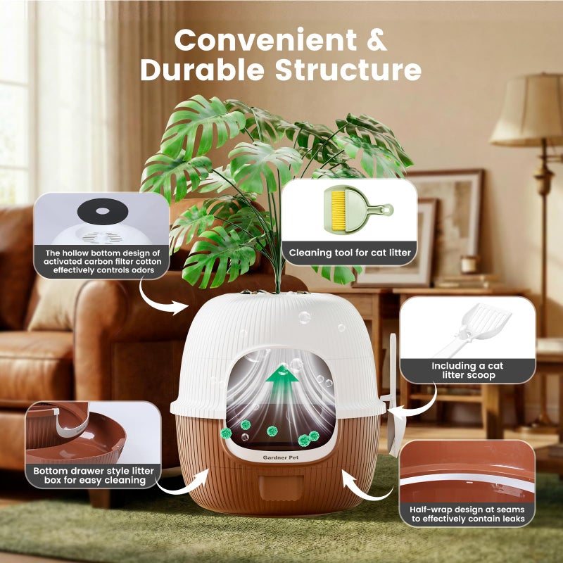 Gardner Pet Hidden Cat Litter Box with Faux Plant & Scoop, Drawer Decorative Litter Box Enclosure with Odor Controlled Carbon Filter, Effortless Refilling, Scooping & Cleaning, Leak-Proof Design, Brown - Image 4