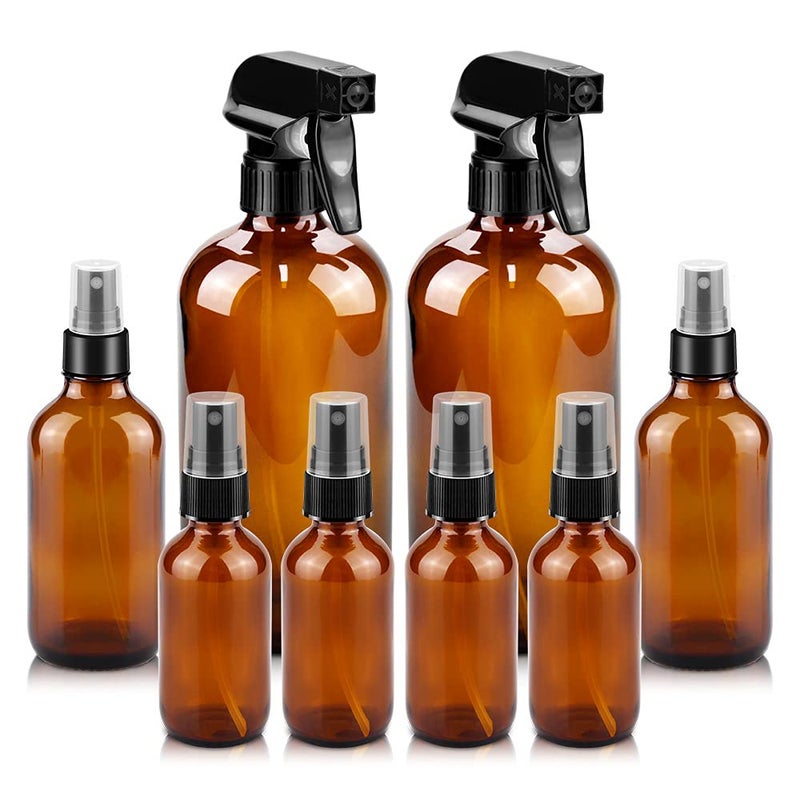 Worldgsb Glass Spray Bottles  16Oz*2+4Oz*2+2Oz*4 Refillable Containers  Empty Boston Round Bottles With Adjustable Nozzle For Cleaning  Gardening  Aromatherapy  Pets  Plant  Hair -Amber - Image 1