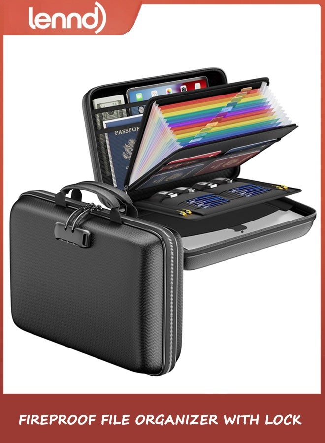 LENND Fireproof File Organizer with Lock, Hard-Shell Case Fireproof Document Box with 13 Pocket Accordion File Folder, Portable Home Office Travel Safe Storage for Important Documents Laptop Black - Image 1