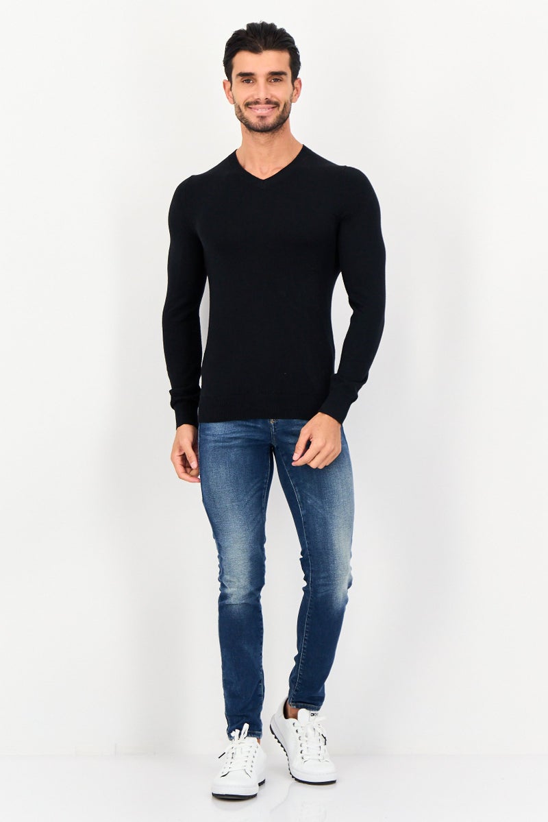 Celio Men V Neck Long Sleeves Plain Sweaters, Black - Image 3