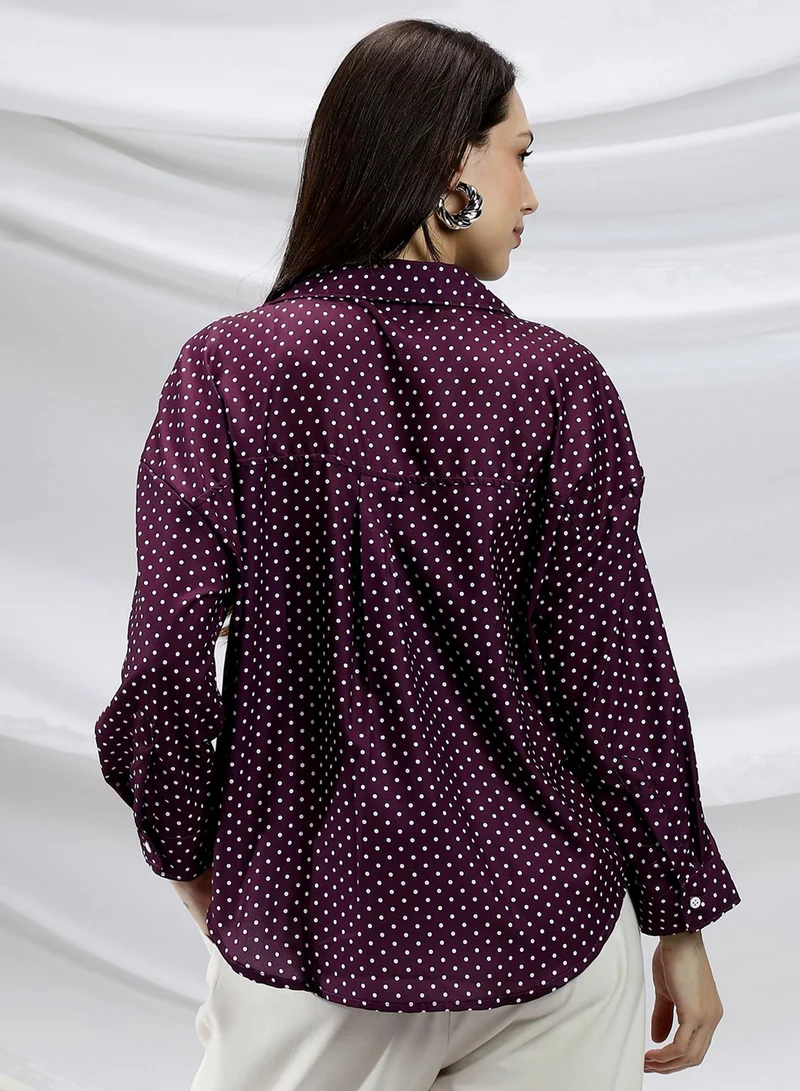 PINACOLADA PINACOLADA Women's Grape Purple Polka-Dot Relaxed Shirt For Casual Wear | Spread Collar | Long Cuffed Sleeves | Button Closure | Shirt Crafted With Comfort Fit For Everyday Wear