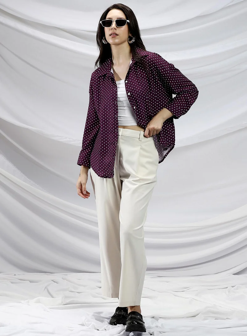 PINACOLADA PINACOLADA Women's Grape Purple Polka-Dot Relaxed Shirt For Casual Wear | Spread Collar | Long Cuffed Sleeves | Button Closure | Shirt Crafted With Comfort Fit For Everyday Wear