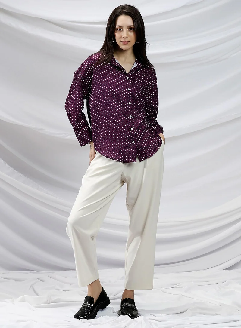 PINACOLADA PINACOLADA Women's Grape Purple Polka-Dot Relaxed Shirt For Casual Wear | Spread Collar | Long Cuffed Sleeves | Button Closure | Shirt Crafted With Comfort Fit For Everyday Wear
