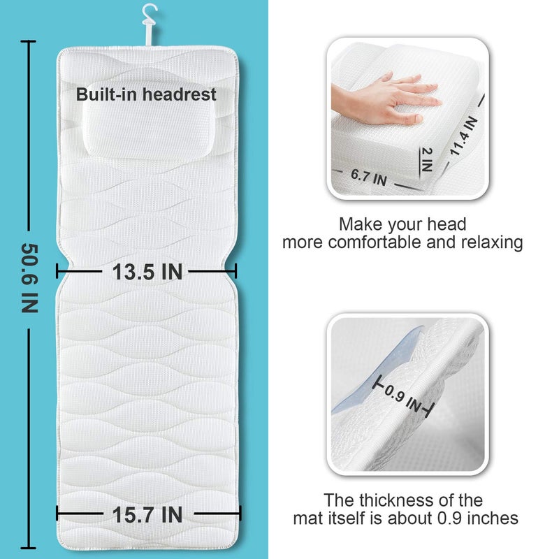 OMYSTYLE وسادة استحمام كاملة الجسم، وسائد استحمام للبانيو مع حقيبة غسيل شبكية و21 كوب شفط غير قابل للانزلاق، حوض سبا لدعم الرأس والرقبة والكتف والظهر - شبكة هواء 5D وتجفيف سريع - Image 4