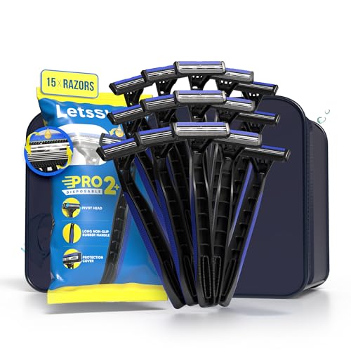 LetsShave Men Pro 2 Plus Disposable Shaving Razor | Stainless Steel Made In South Korea | Open Flow Twin Razor Blade With Pivot Head and Safety Cap | Hair Remover | Pack Of 15 + Travel Pouch - Image 1