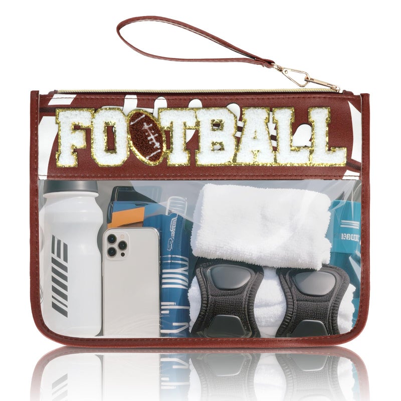 PPeen Football Accessories Tearm Gifts Football Mom Essentials Soccer Bag Makeup Cosmetic Bags Chenille Letter Clear Zipper Toiletry Pouch - Image 1