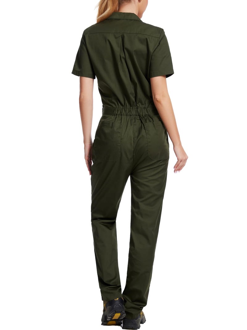 WORK IDEA Women's Short Sleeve Coverall Lightweight Snap-Front Cotton Work Jumpsuit, Army Green, L - Image 2
